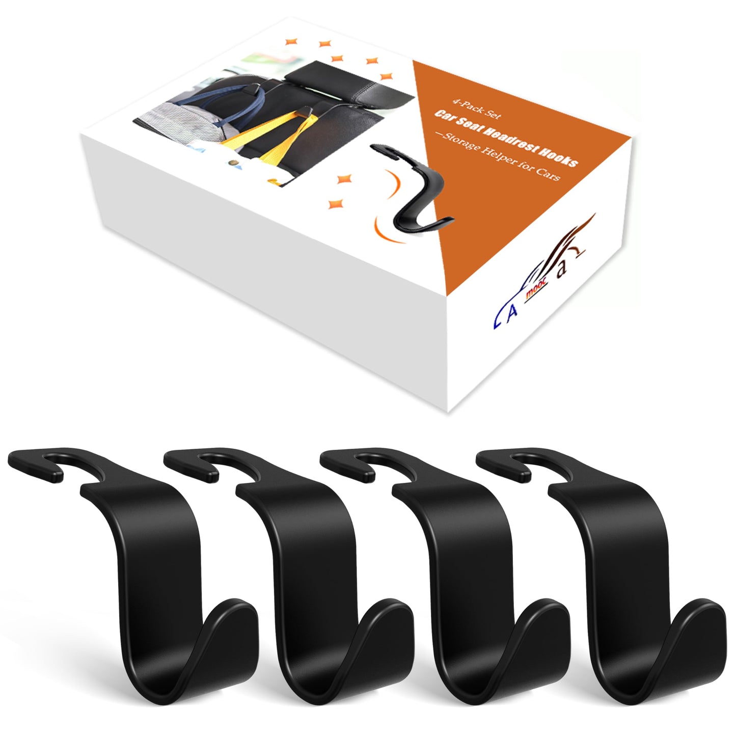 Amooca Headrest Hooks (4-Pack) – 360° Rotating, Holds 55lbs – Black