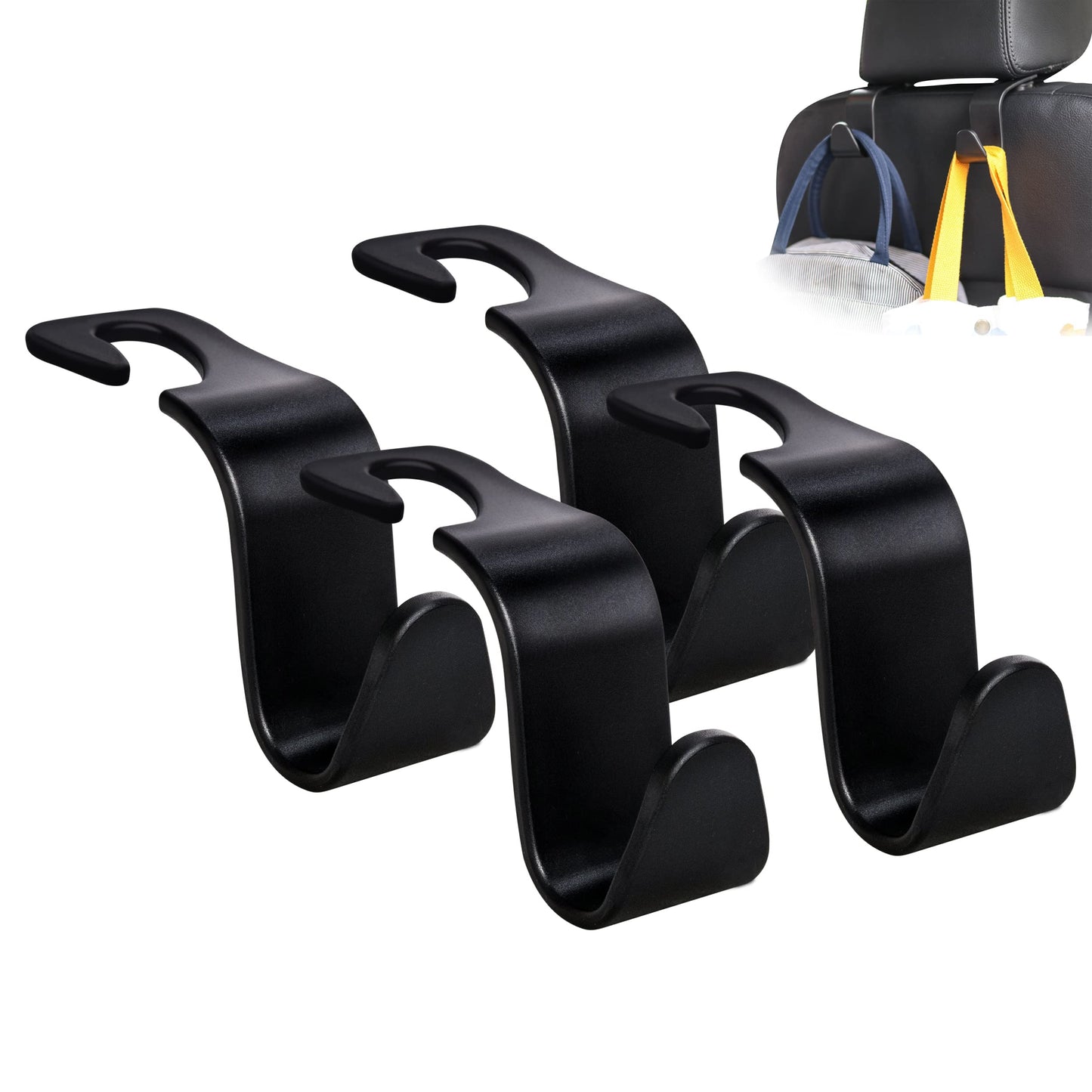 Amooca Headrest Hooks (4-Pack) – 360° Rotating, Holds 55lbs – Black