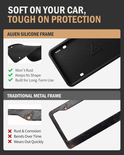 Aujen Silicone License Plate Frame – 2 Pack, Black – Rust-Proof & Weatherproof