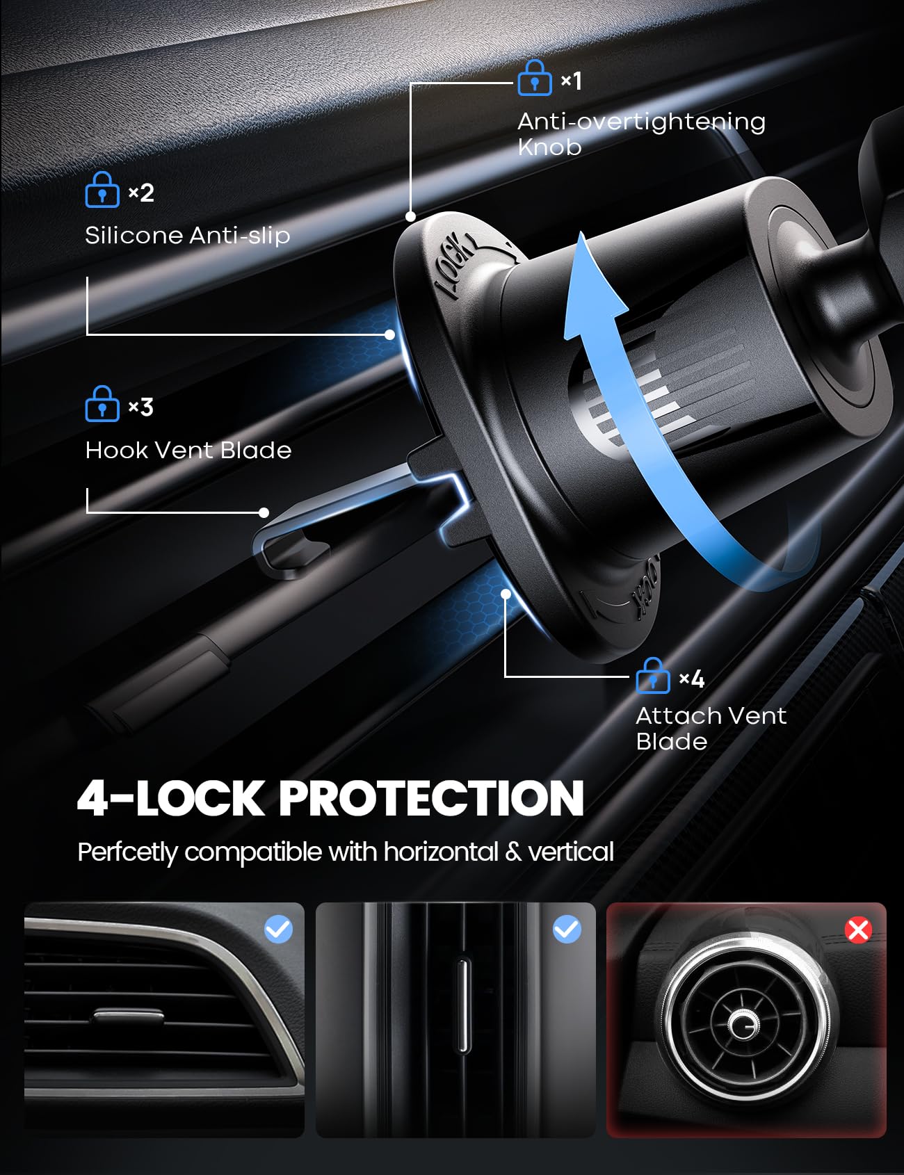 Lamicall Car Phone Holder – Wider Clamp, Metal Hook – Vent Mount for Thick Cases