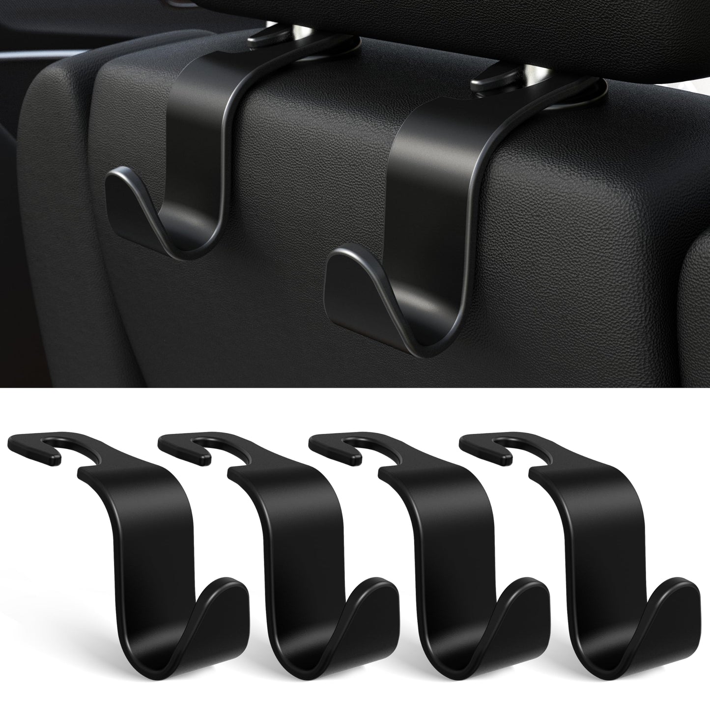 Amooca Headrest Hooks (4-Pack) – 360° Rotating, Holds 55lbs – Black
