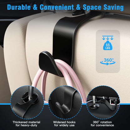Amooca Headrest Hooks (4-Pack) – 360° Rotating, Holds 55lbs – Black