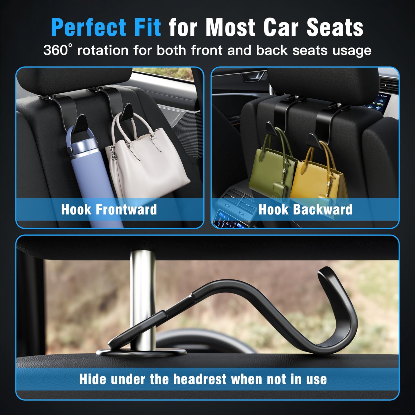 Amooca Headrest Hooks (4-Pack) – 360° Rotating, Holds 55lbs – Black