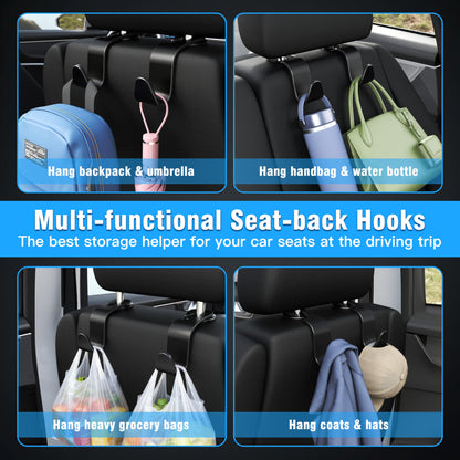 Amooca Headrest Hooks (4-Pack) – 360° Rotating, Holds 55lbs – Black